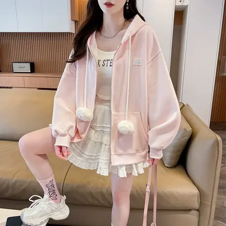 早秋重工连帽卫衣女2025新款爆款春秋韩版宽松初中生薄款开衫外套图片