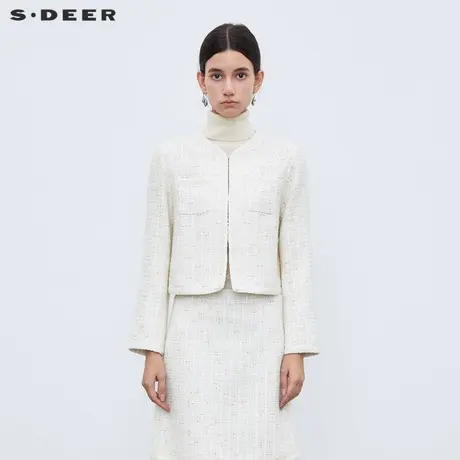 sdeer圣迪奥女装小香风套装圆领格纹毛呢短款外套S23482204商品大图