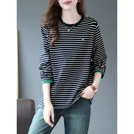 宝诗黎圆领刺绣条纹长袖T恤2023早秋新款棉质宽松百搭上衣女休闲商品大图
