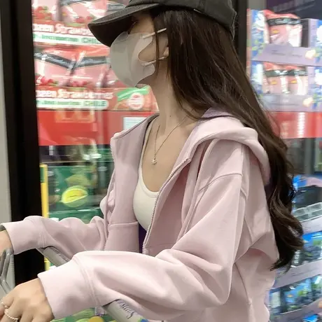 短款卫衣外套女2025新款早秋季小个子韩系慵懒风连帽开衫拉链上衣图片