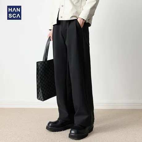 hansca300g轻商务直筒休闲裤男秋季宽松垂感大码压褶黑色通勤裤子商品大图