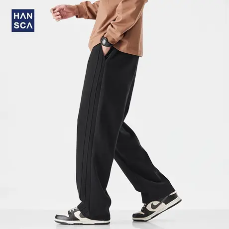 hansca300g重磅美式直筒卫裤男2025秋季宽松抽绳刺绣拼接运动长裤商品大图