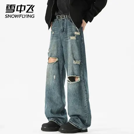 美式破洞牛仔裤男水洗做旧直筒中腰耐磨阔腿长裤痞帅街头风休闲裤图片