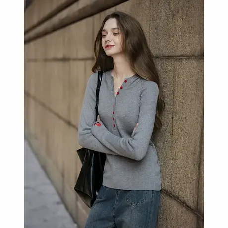 唐狮秋冬打底衫女连帽绞花灰色半开襟打底衣修身显瘦外穿独特tuTA图片
