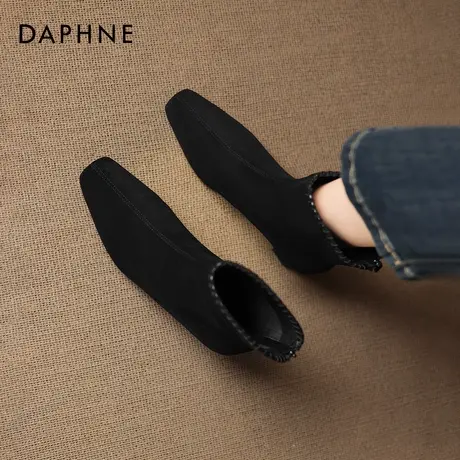 达芙妮方头高跟短靴女冬季2026新款黑色绒面瘦瘦靴粗跟马丁靴踝靴商品大图