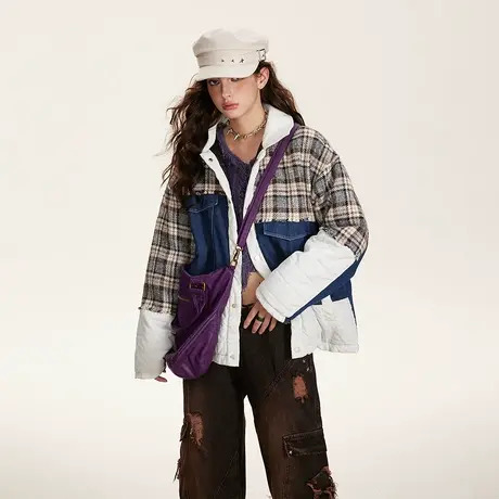 复古潮牌拼接格子棉服女夹棉冬天外套2023年新款加厚宽松工装棉衣图片