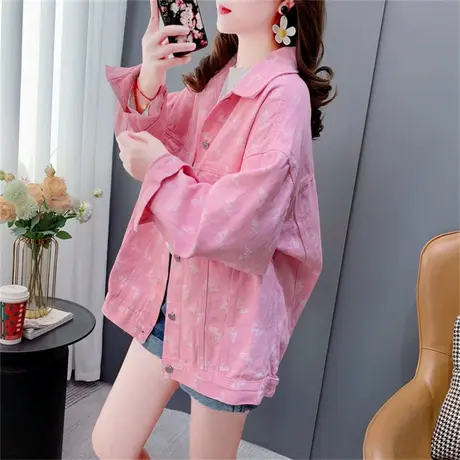 春秋薄款粉色牛仔外套女2023年新款宽松欧货印花休闲爆款夹克上衣商品大图