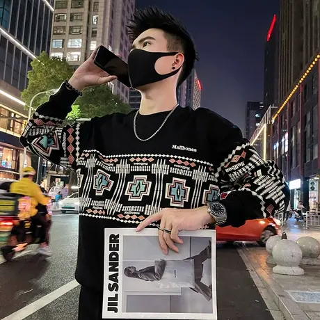 秋季复古民族风印花卫衣男网红潮牌花色上衣长袖个性痞帅休闲外套商品大图