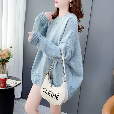 蓝色高级感针织打底衫女秋冬洋气圆领毛衣女加厚内搭宽松慵懒上衣商品大图