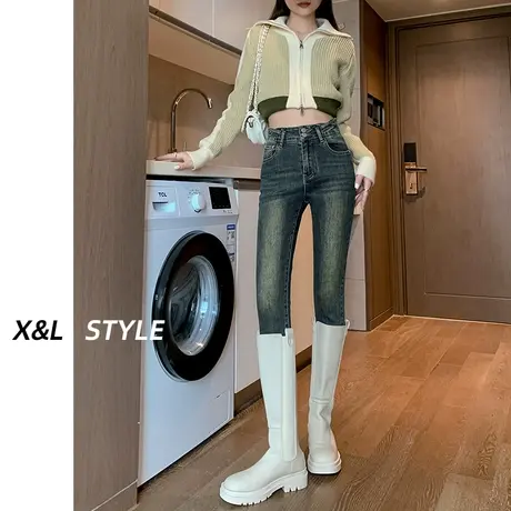 复古美式高腰小脚牛仔裤女春秋季2023年新款显瘦弹力紧身铅笔裤子商品大图