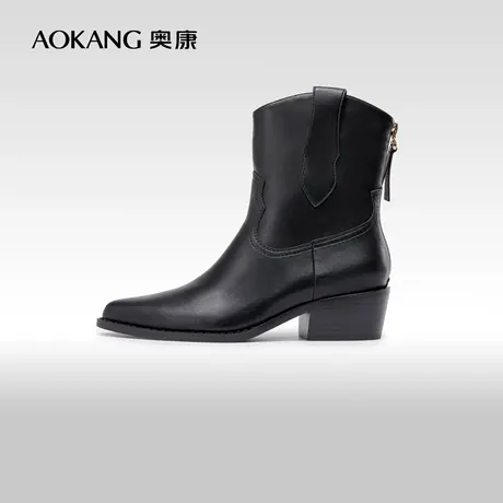 奥康女鞋 冬季新款英伦风尖头中跟粗跟拉链短靴减龄气质女靴商品大图