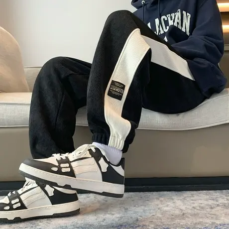 2023新款侧边条纹男士运动卫裤春秋季束脚休闲裤潮牌灯芯绒大码裤商品大图