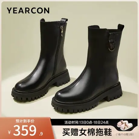 意尔康女鞋2023冬季新款法式小个子加绒皮靴女士中筒粗跟高级感商品大图