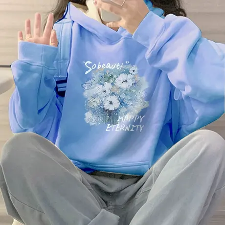 卫衣女冬季小个子女款2023新款爆款蓝色连帽外套冬天加绒加厚秋冬商品大图