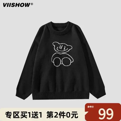 VIISHOW小熊毛衣男春秋款慵懒风线衣ins潮牌圆领情侣针织衫外套商品大图