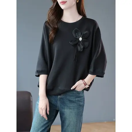 宝诗黎圆领七分蝙蝠袖纯色卫衣2023早秋新款蛇精T恤宽松休闲上衣商品大图