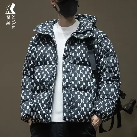 冬季90鸭绒男士连帽羽绒服男新款宽松大码加厚短款印花面包服外套商品大图