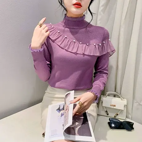 秋冬木耳边镂空针织衫长袖气质减龄半高领上衣洋气修身透气打底衫商品大图