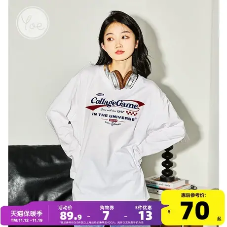 yoe美式复古小个子设计感运动女装白色纯棉内搭小众长袖t恤女上衣商品大图