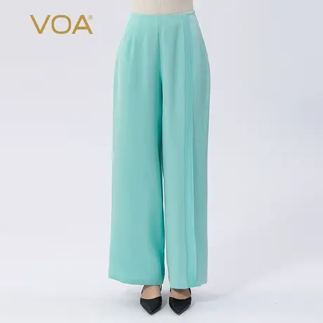 VOA真丝40姆米双面乔绿松紧腰斜插口袋垂顺撞料拼接桑蚕丝直筒裤商品大图