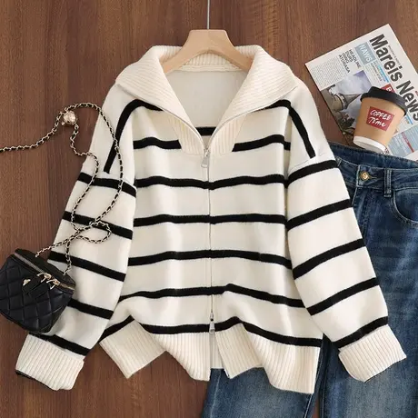 23106开衫女新款韩版宽松条纹长袖针织衫女士拉链立领外套毛衣图片