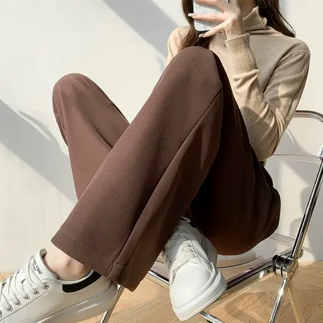 咖啡色阔腿裤女裤子高腰垂感宽松直筒西装休闲秋冬季加绒加厚西裤图片