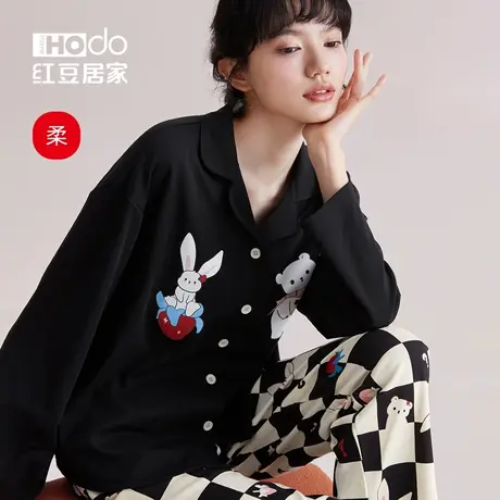 红豆【柔柔棉】女士睡衣新款长袖套装纯棉家居服印花外穿春秋款商品大图