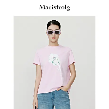 【商场同款】玛丝菲尔上衣秋季新款粉红色圆领植物花卉印花T恤商品大图