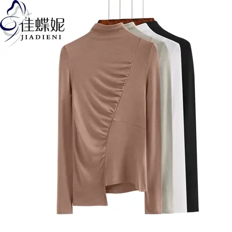 秋冬新款韩版修身半高领长袖体恤纯棉打底衫上衣纯色女装T恤商品大图
