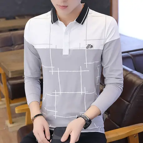 新款秋冬季纯棉翻领长袖T恤男士时尚休闲Polo衫修身上衣服潮男装商品大图