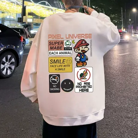 美式复古重磅卫衣男春秋季2024新款高街潮牌加绒加厚套头圆领上衣商品大图