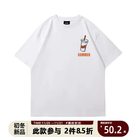 港风潮牌夏日趣味小清新白色t恤男重磅落肩短袖oversize情侣上衣商品大图