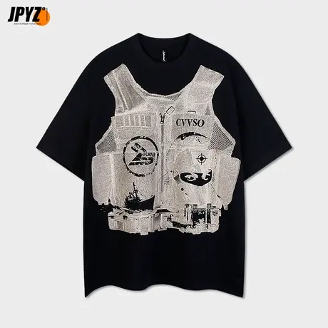 美式短袖t恤男水洗高街潮牌马甲印花上衣宽松纯棉夏季男生半袖商品大图