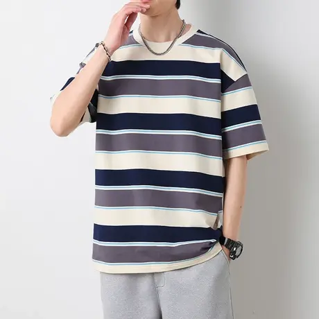 美式复古条纹短袖t恤男士夏季宽松潮牌潮流棉感薄款半袖上衣男款商品大图