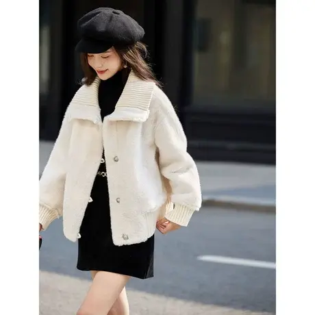 时尚气质外套2023年冬季新款女针织翻领短款百搭温柔厚款皮草上衣商品大图