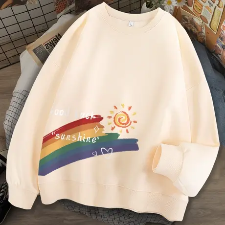 圆领米色卫衣女秋季2024新款小个子女款春秋无帽宽松学生上衣外套商品大图