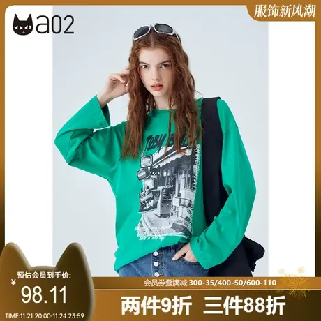 a02圆领印花长袖T恤女秋新款潮流宽松圆领T恤休闲百搭衣服女图片
