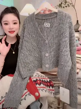 慵懒风高级感灰色针织衫女韩版宽松显瘦气质V领毛衣短款开衫上衣图片