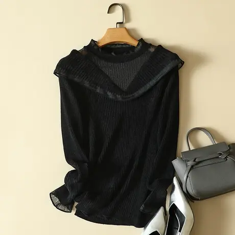 蕾丝透视圆领天鹅绒小心机毛衣女洋气荷叶边针织衫秋冬显瘦打底衫商品大图