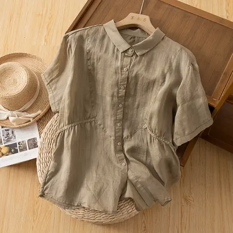 享永子短袖苎麻衬衫女文艺复古宽松显瘦棉麻上衣休闲2024夏季新款商品大图