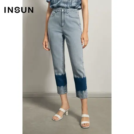 INSUN恩裳夏季纯棉撞色渐变修身牛仔裤商品大图
