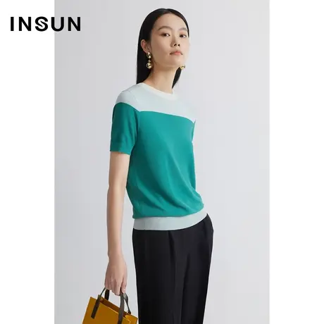 INSUN恩裳夏季浅绿色拼接百搭毛针织衫图片