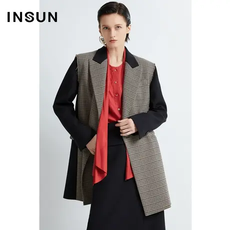 INSUN恩裳冬季千鸟格拼接毛呢大衣商品大图