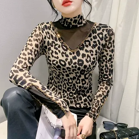 气质半高领T恤女长袖性感网纱烫钻拼接上衣洋气豹纹修身打底衫ins图片