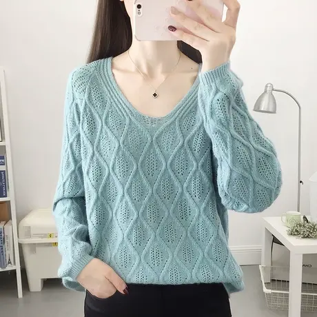 菱形镂空毛衣女宽松2024年早秋新款韩版纯色百搭针织打底衫薄款女商品大图