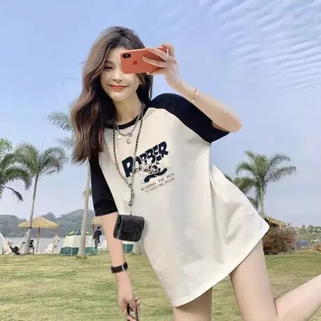 撞色欧货大版t恤洋气中长款宽松插肩袖上衣短袖女夏季新款纯棉T恤商品大图