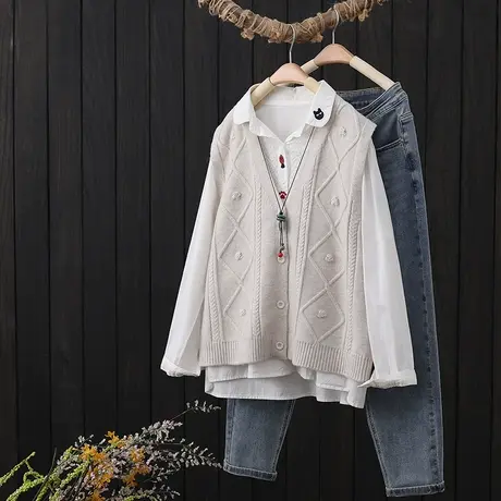 文艺范单排扣针织马甲开衫女春秋季新款V领外搭坎肩无袖马夹背心图片