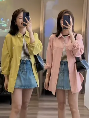 韩系宽松糖果色衬衣衬衫女2023春秋新款时尚百搭上衣水洗棉外套潮商品大图