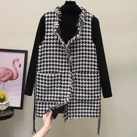 流行格子马夹女2023春秋新款休闲坎肩流苏大码显瘦百搭小外套马甲商品大图