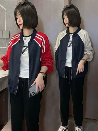 韩版ins美式撞色夹克外套女春秋新款气质宽松百搭休闲棒球服上衣商品大图